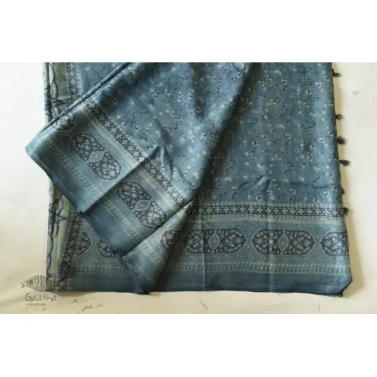 shop Ajrakh Tussar Silk Saree with Natural Dyed Indigo