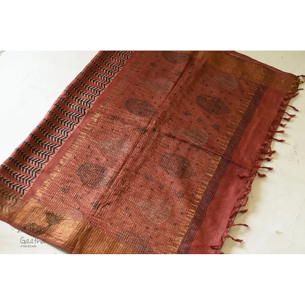 shop Ajrakh Tussar Silk Saree with Natural Dyed - Zari Border