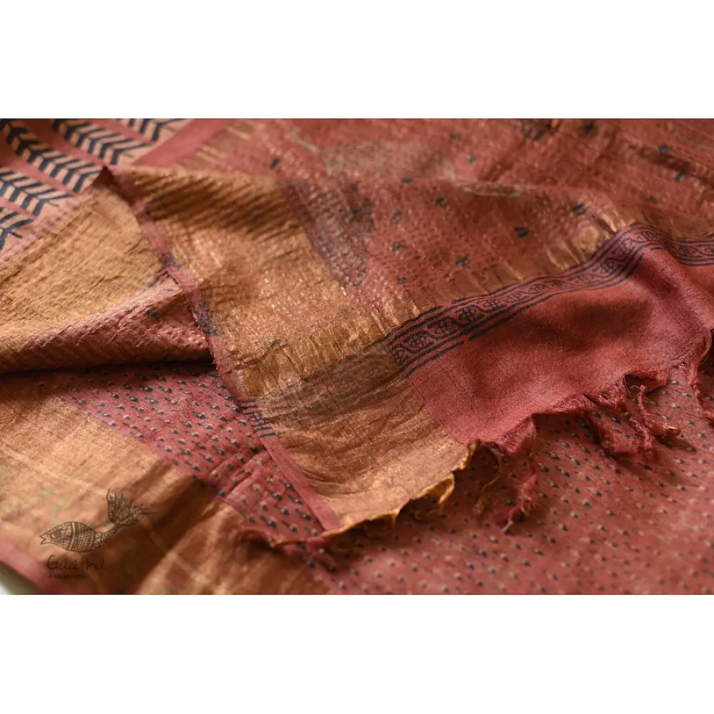 shop Ajrakh Tussar Silk Saree with Natural Dyed - Zari Border