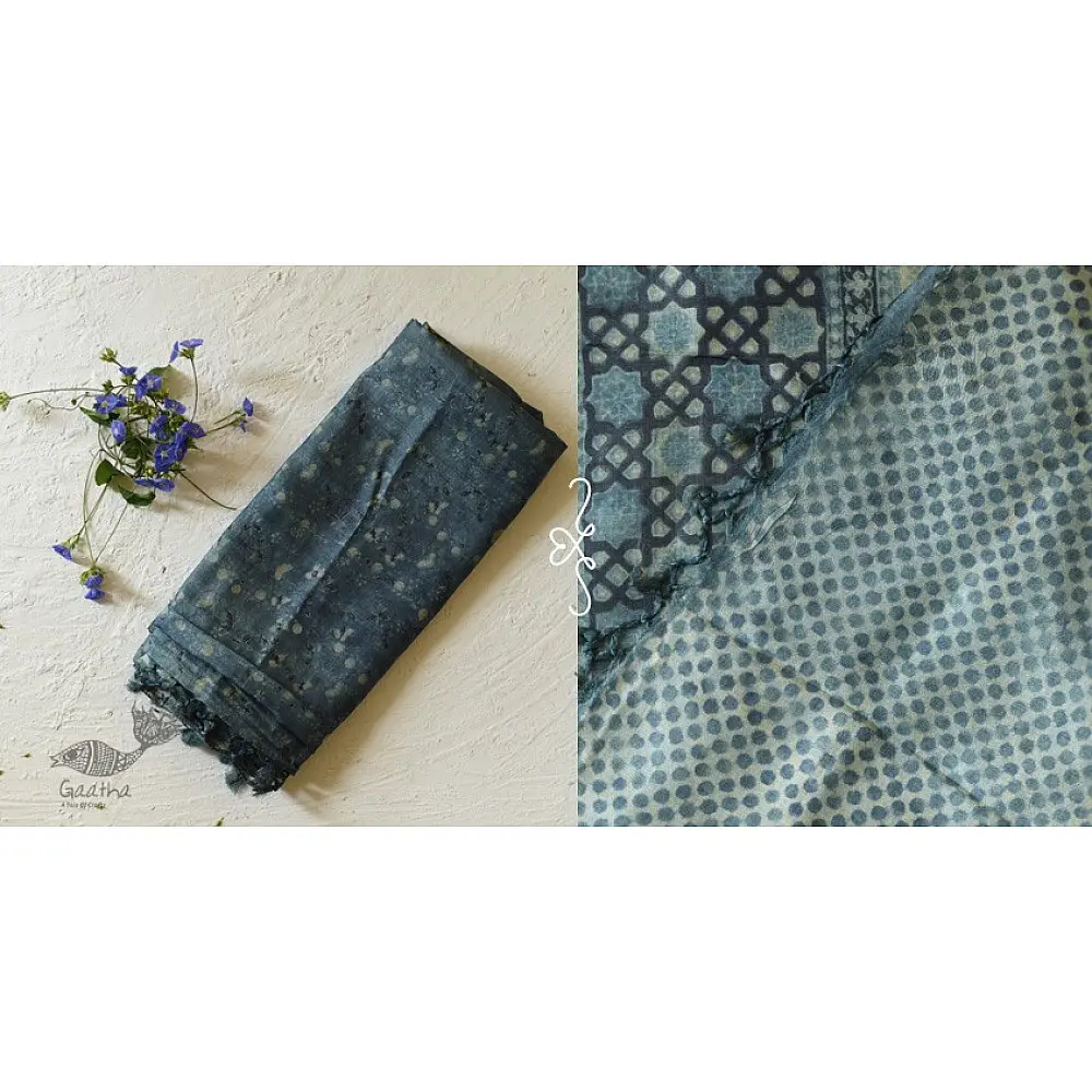 shop Ajrakh Tussar Silk Saree with Natural Dyed Indigo