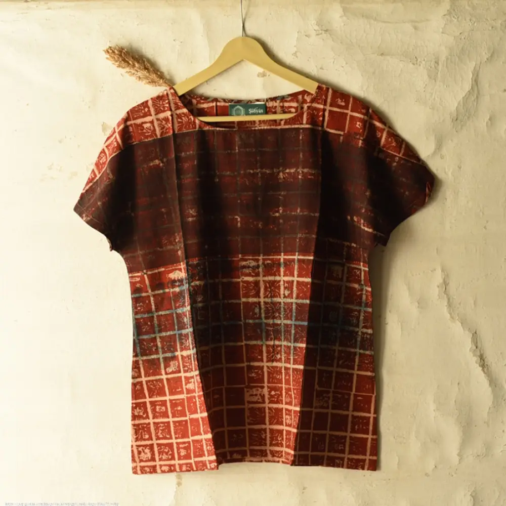 madder red earthy brown charcoal cream ajrakh cotton top horizontal geometric grid block print hand block printed boxy fit artisanal blouse women sustainable fashion natural dyed