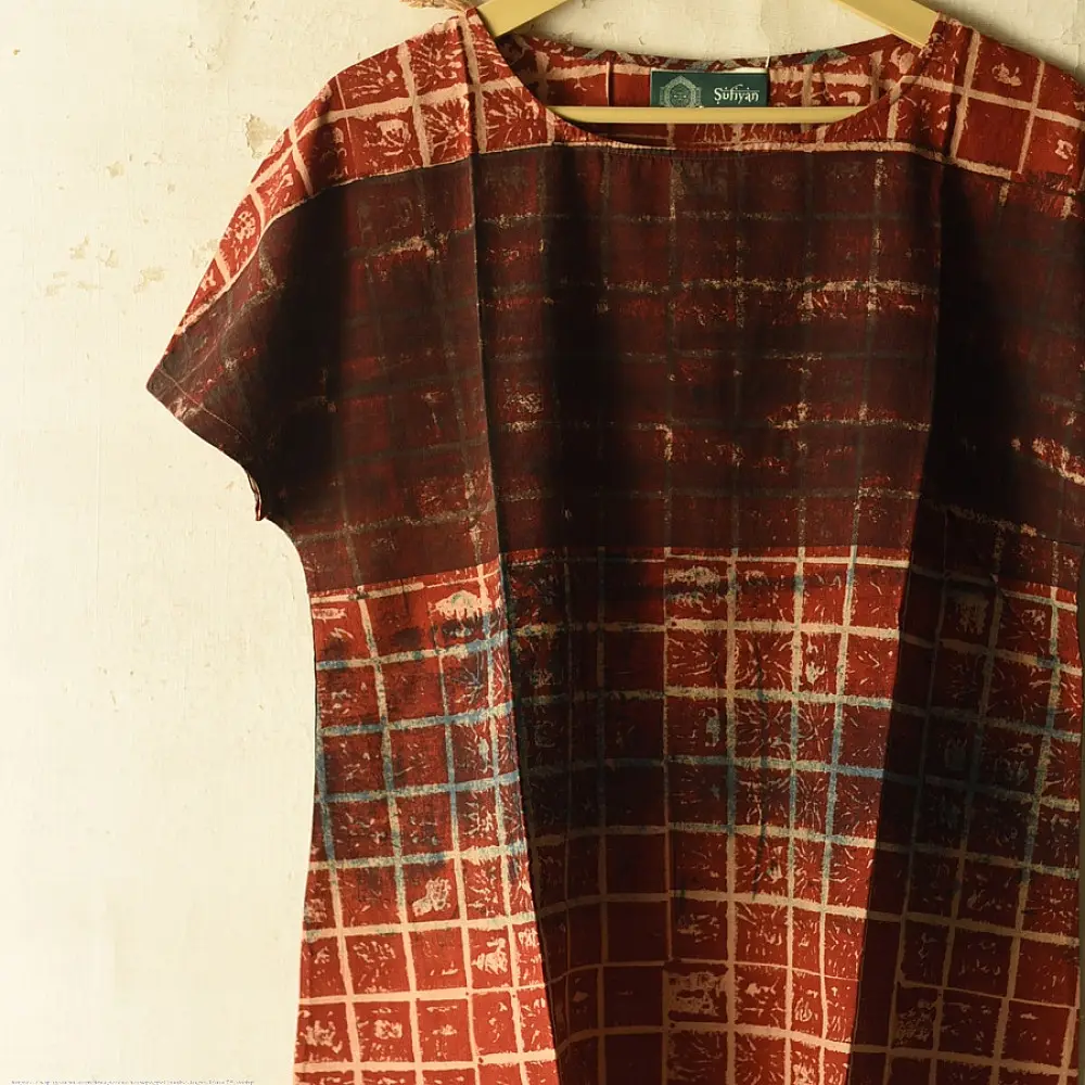 madder red earthy brown charcoal cream ajrakh cotton top horizontal geometric grid block print hand block printed boxy fit artisanal blouse women sustainable fashion natural dyed