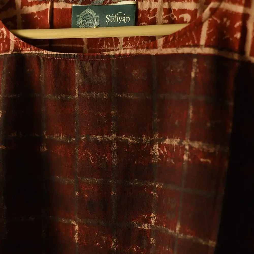 madder red earthy brown charcoal cream ajrakh cotton top horizontal geometric grid block print hand block printed boxy fit artisanal blouse women sustainable fashion natural dyed