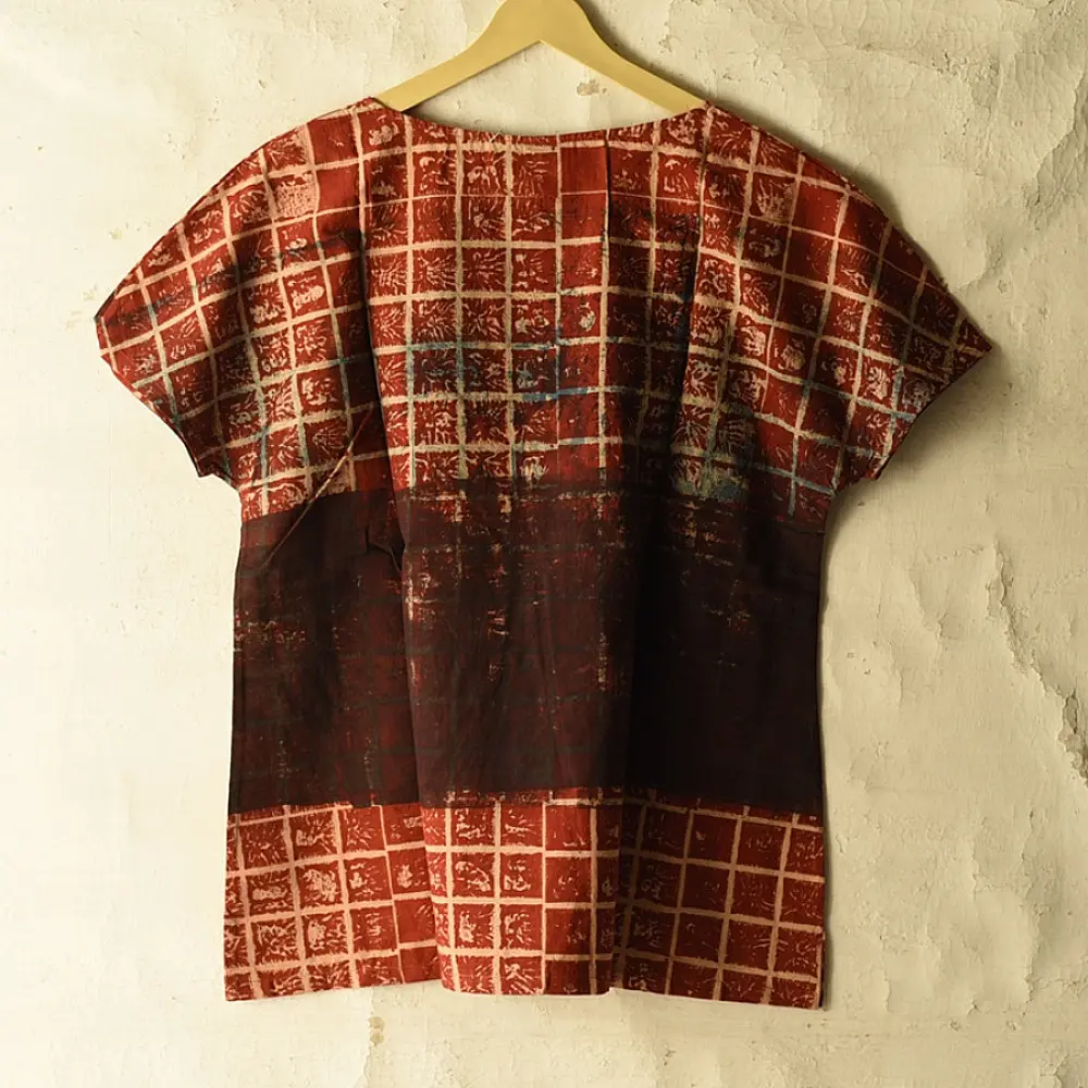 madder red earthy brown charcoal cream ajrakh cotton top horizontal geometric grid block print hand block printed boxy fit artisanal blouse women sustainable fashion natural dyed