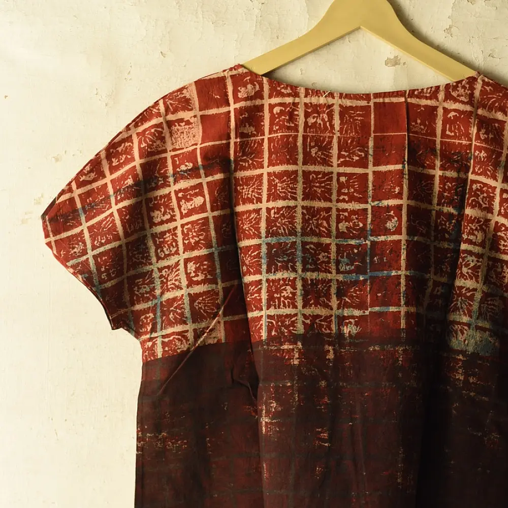 madder red earthy brown charcoal cream ajrakh cotton top horizontal geometric grid block print hand block printed boxy fit artisanal blouse women sustainable fashion natural dyed