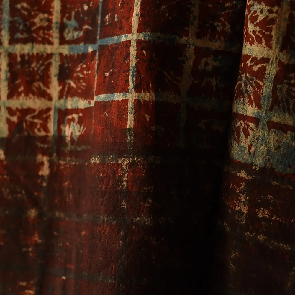 madder red earthy brown charcoal cream ajrakh cotton top horizontal geometric grid block print hand block printed boxy fit artisanal blouse women sustainable fashion natural dyed