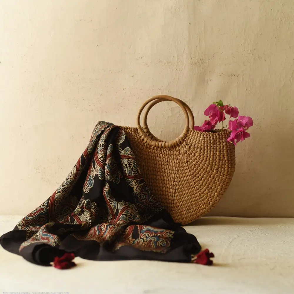 black ajrakh silk square scarf geometric floral pattern hand block printed natural dyed scarf tassels