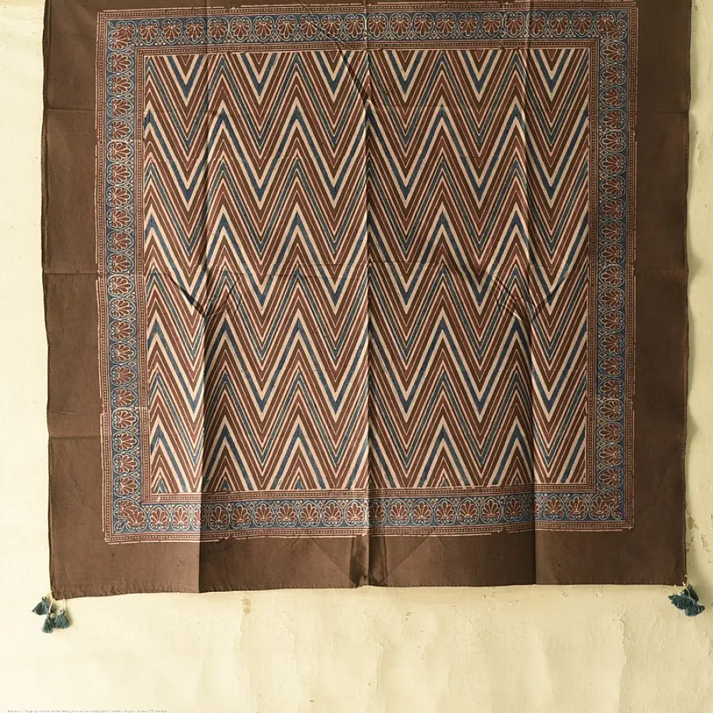 brown blue ajrakh silk square scarf zigzag chevron stripe pattern hand block printed natural dyed scarf