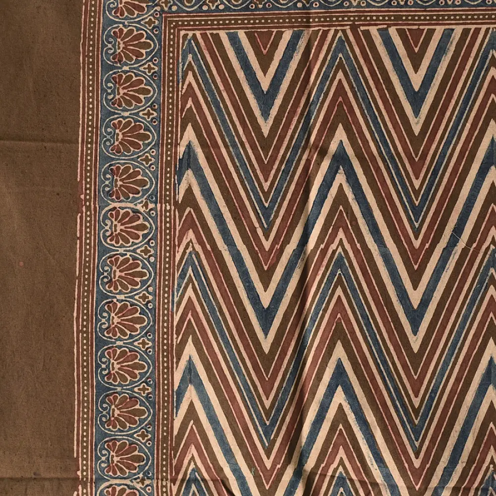 brown blue ajrakh silk square scarf zigzag chevron stripe pattern hand block printed natural dyed scarf