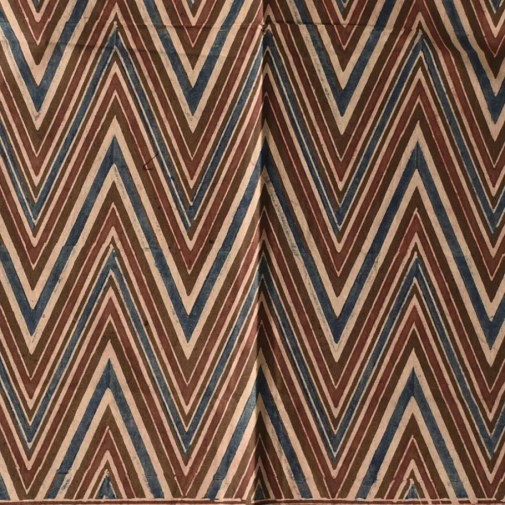 brown blue ajrakh silk square scarf zigzag chevron stripe pattern hand block printed natural dyed scarf