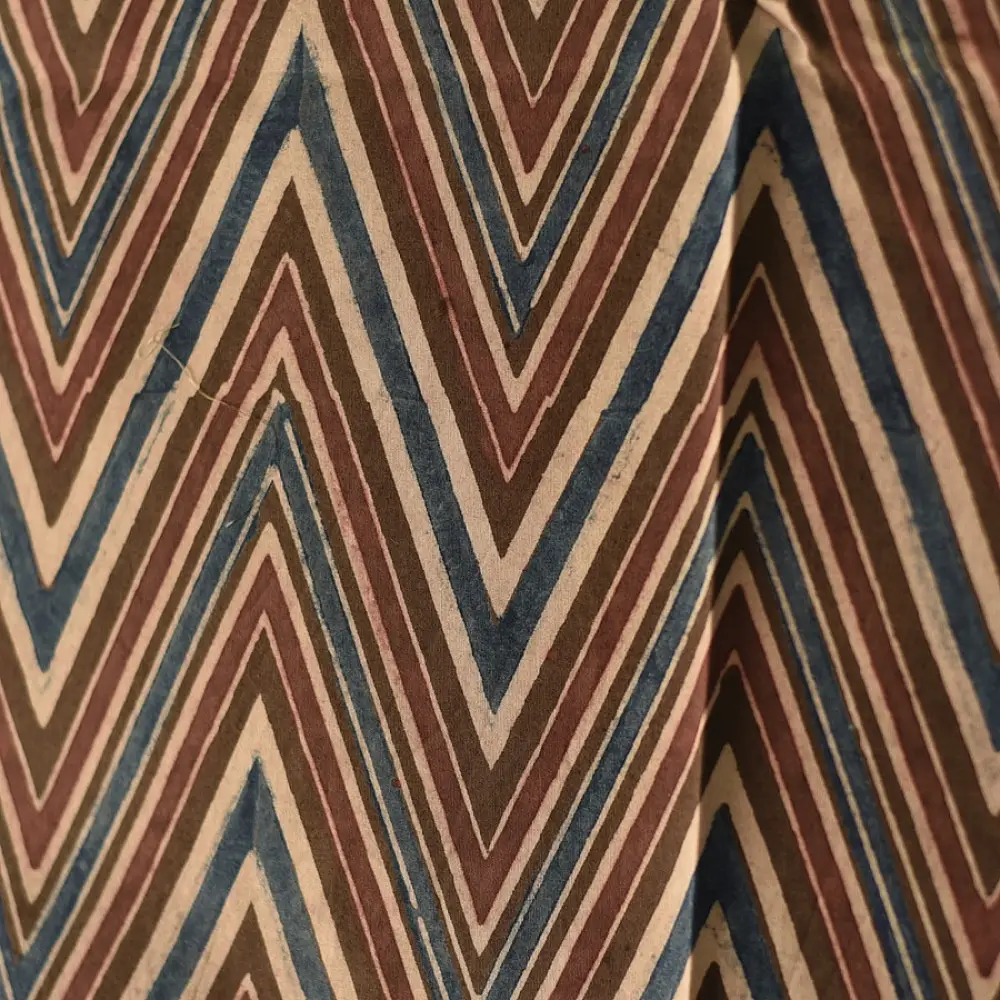 brown blue ajrakh silk square scarf zigzag chevron stripe pattern hand block printed natural dyed scarf