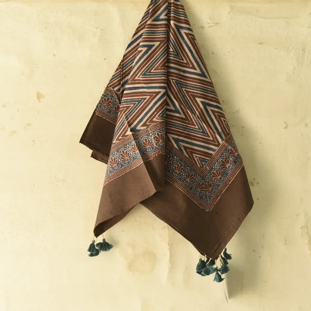 brown blue ajrakh silk square scarf zigzag chevron stripe pattern hand block printed natural dyed scarf