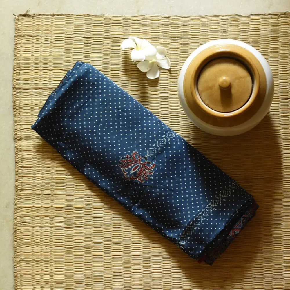 deep indigo blue ajrakh modal silk saree hand block printed minimal bundi tiny dot body ornate floral mandala pallu traditional ethnic wear sustainable luxury natural dyed