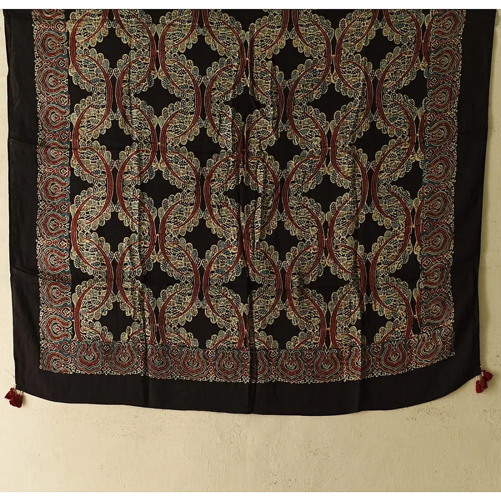 black ajrakh silk square scarf geometric floral pattern hand block printed natural dyed scarf tassels