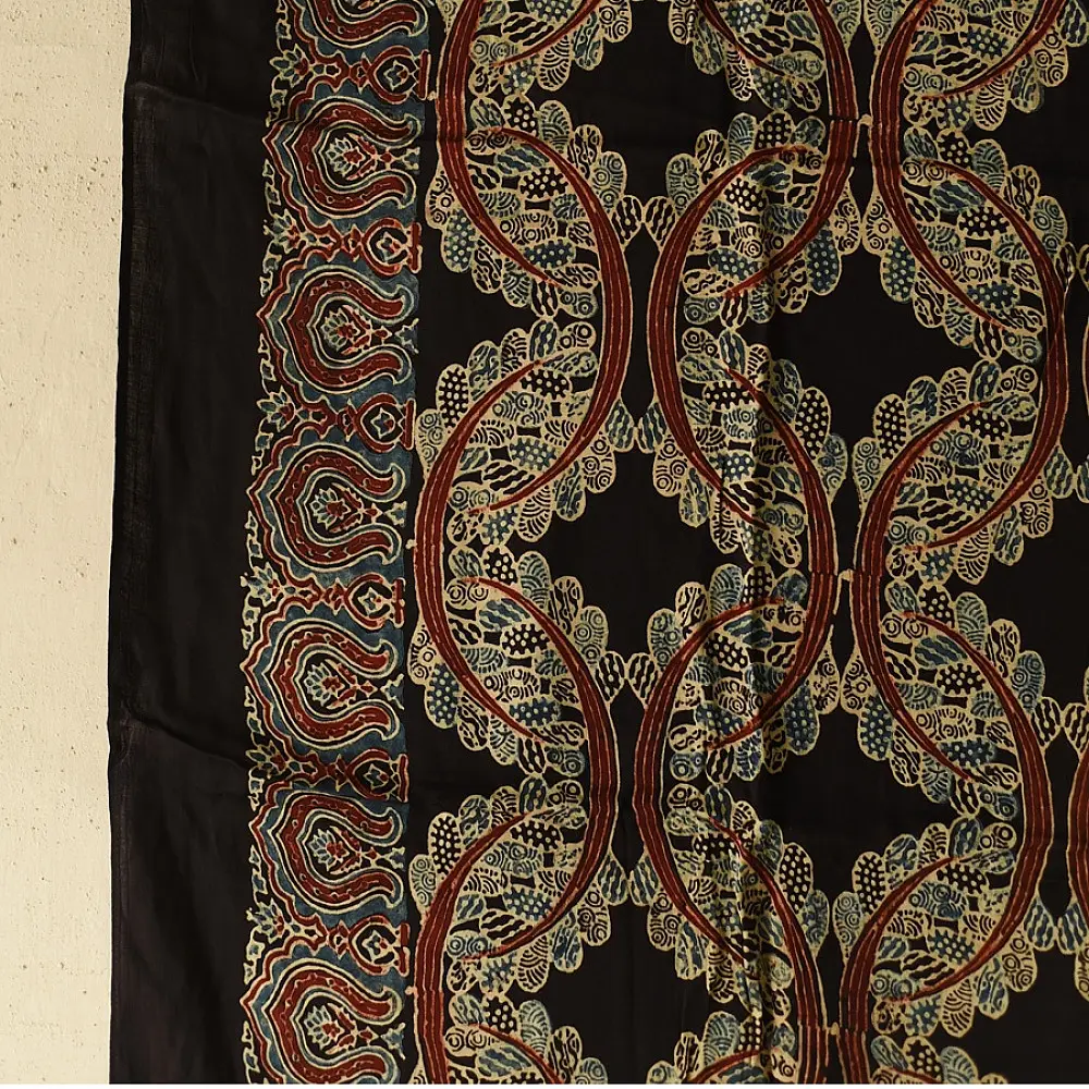 black ajrakh silk square scarf geometric floral pattern hand block printed natural dyed scarf tassels