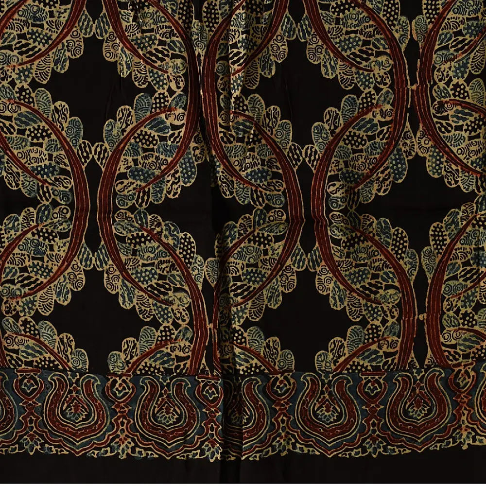 black ajrakh silk square scarf geometric floral pattern hand block printed natural dyed scarf tassels
