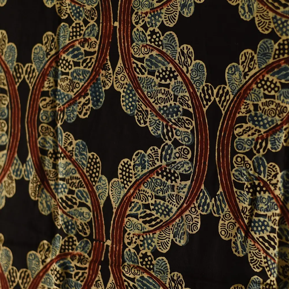 black ajrakh silk square scarf geometric floral pattern hand block printed natural dyed scarf tassels