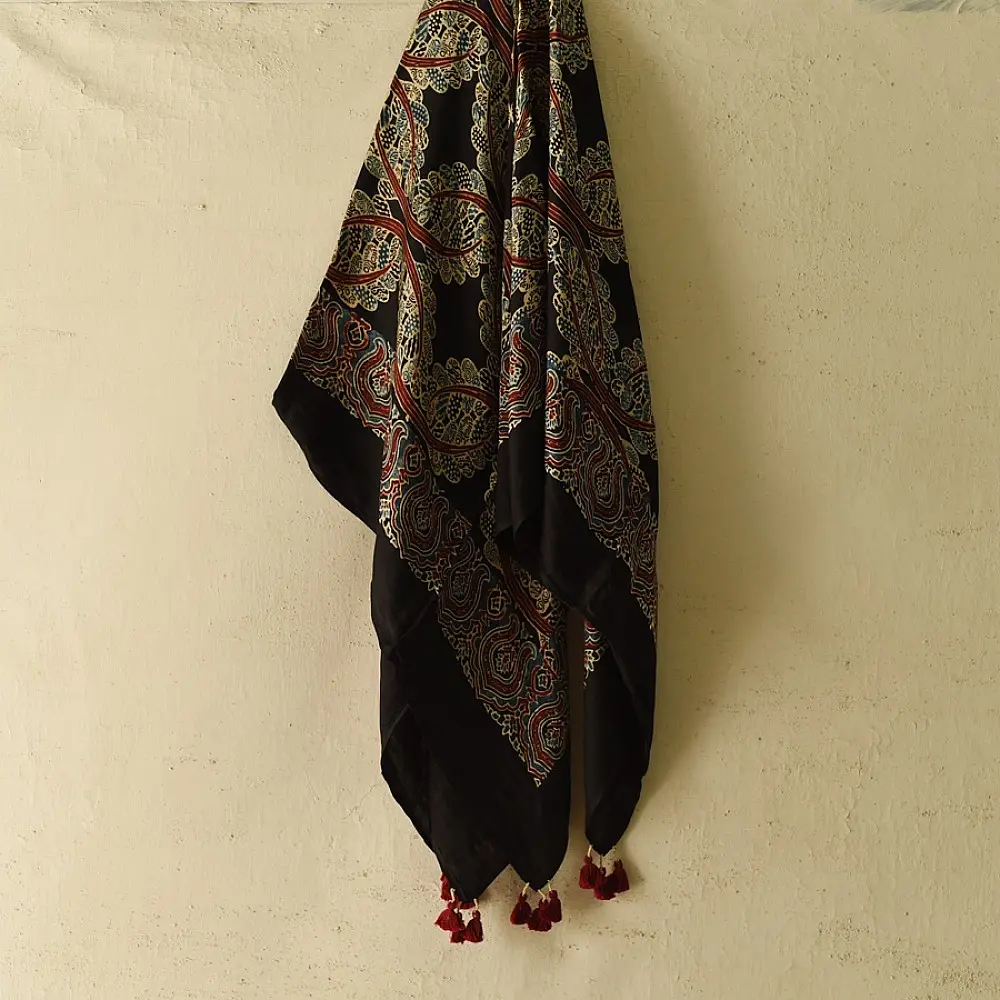 black ajrakh silk square scarf geometric floral pattern hand block printed natural dyed scarf tassels