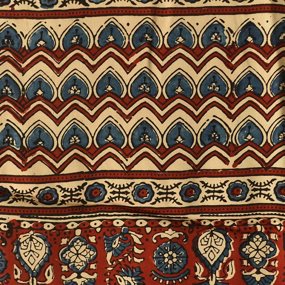 madder red indigo blue ajrakh modal silk dupatta hand block printed floral vine jaal body ornate zigzag leheriya pallu traditional mihrab arched detail wedding festive wear sustainable luxury natural dyed with tassels