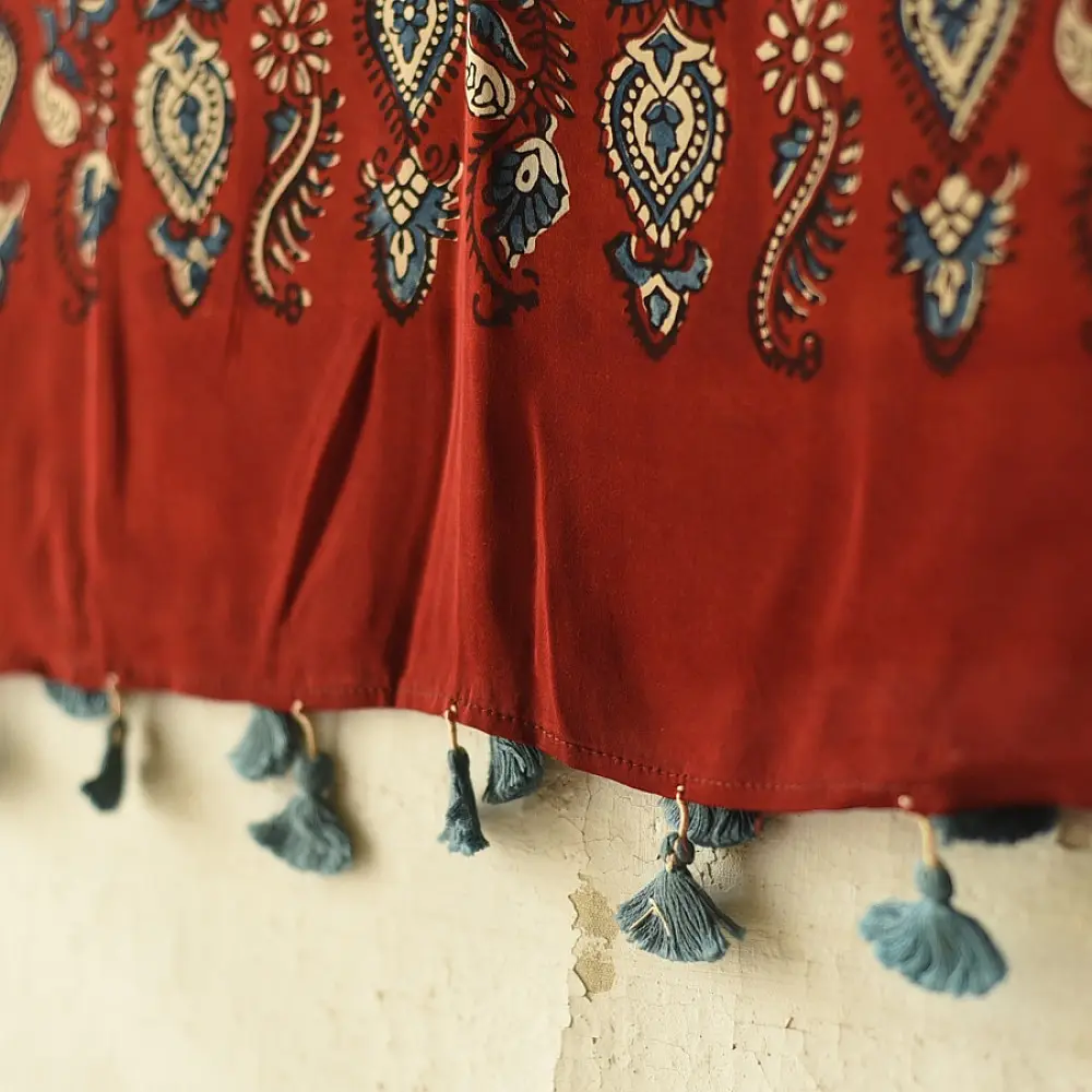 madder red indigo blue ajrakh modal silk dupatta hand block printed floral vine jaal body ornate zigzag leheriya pallu traditional mihrab arched detail wedding festive wear sustainable luxury natural dyed with tassels