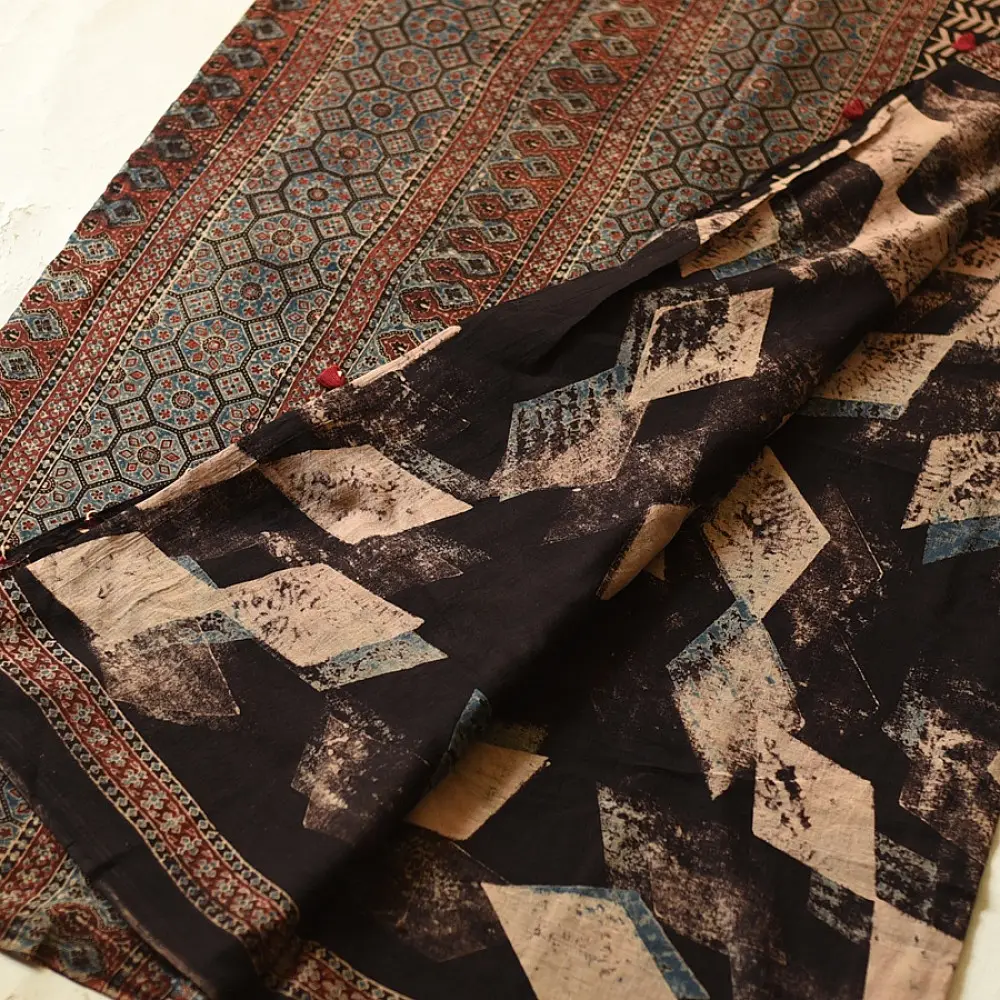 Online Ajrakh Printed Mul Cotton Black Saree