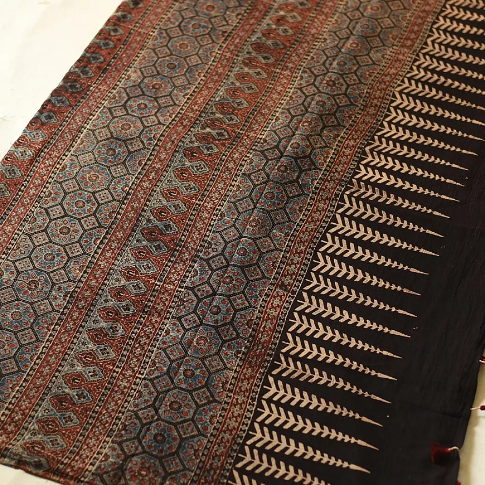 Online Ajrakh Printed Mul Cotton Black Saree