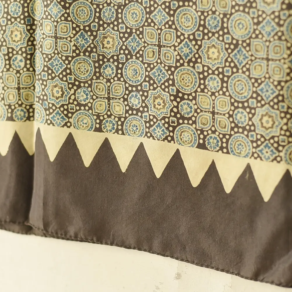 mulberry silk ajrakh dupatta chocolate brown olive blue interlocking geometric floral jaal block print cream sawtooth triangle border hand block printed natural dyed silk dupatta