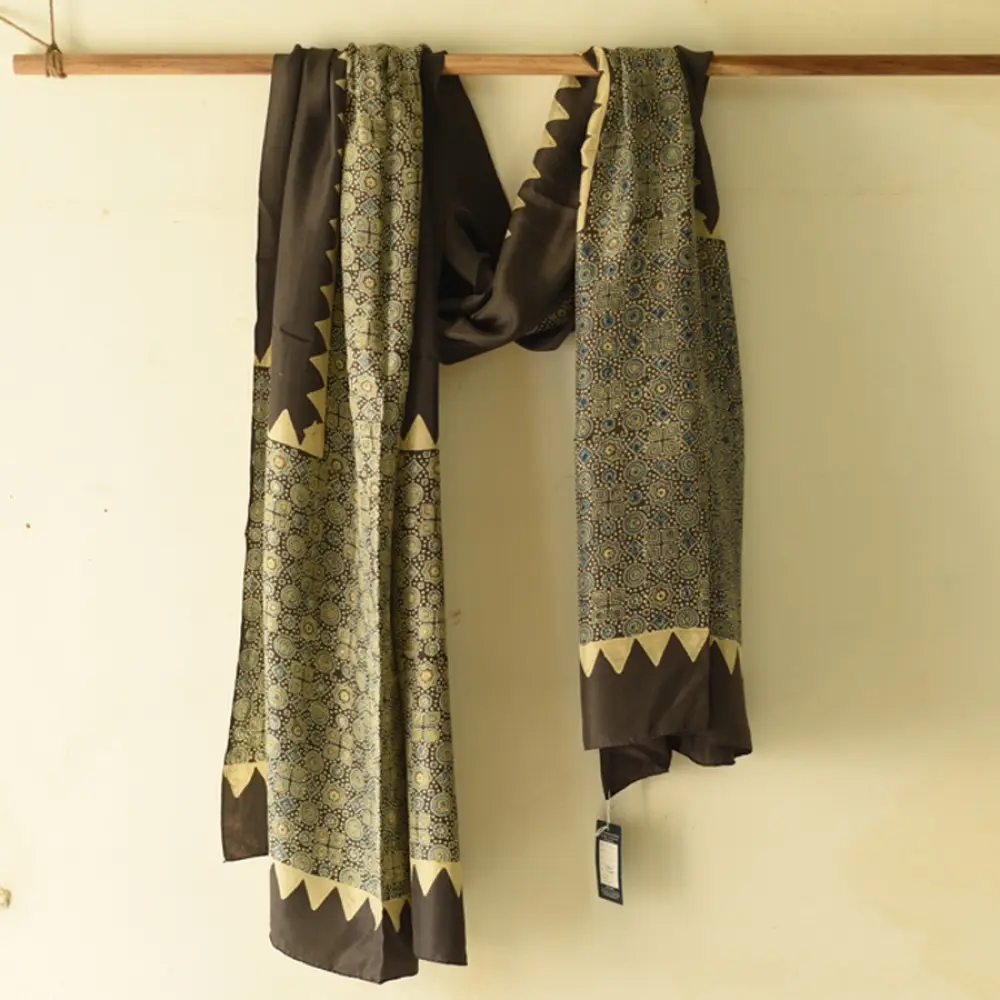 mulberry silk ajrakh dupatta chocolate brown olive blue interlocking geometric floral jaal block print cream sawtooth triangle border hand block printed natural dyed silk dupatta