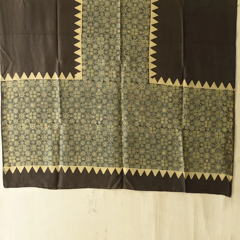 mulberry silk ajrakh dupatta chocolate brown olive blue interlocking geometric floral jaal block print cream sawtooth triangle border hand block printed natural dyed silk dupatta
