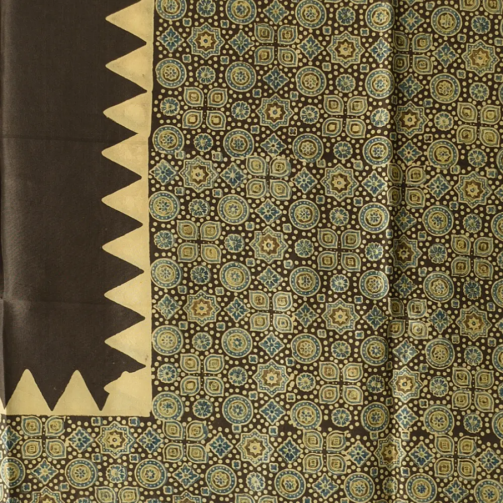 mulberry silk ajrakh dupatta chocolate brown olive blue interlocking geometric floral jaal block print cream sawtooth triangle border hand block printed natural dyed silk dupatta