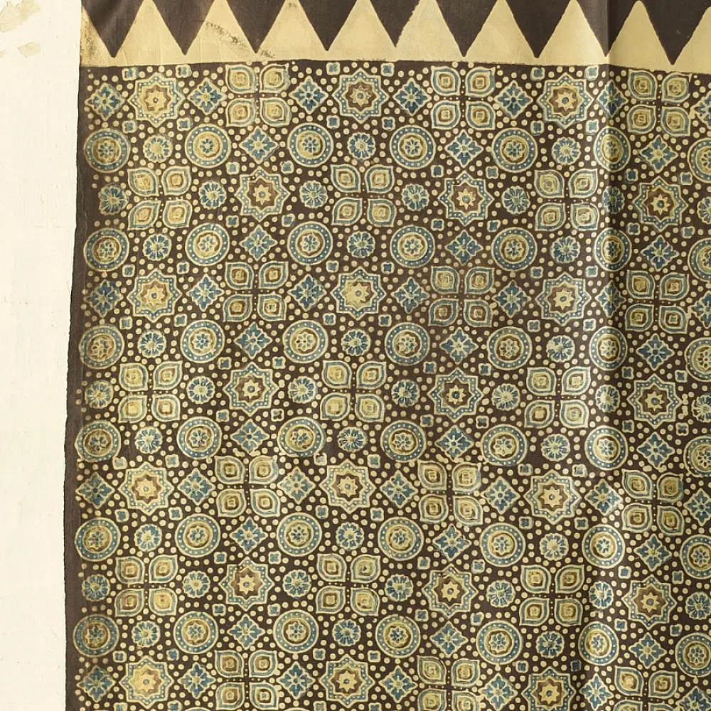 mulberry silk ajrakh dupatta chocolate brown olive blue interlocking geometric floral jaal block print cream sawtooth triangle border hand block printed natural dyed silk dupatta