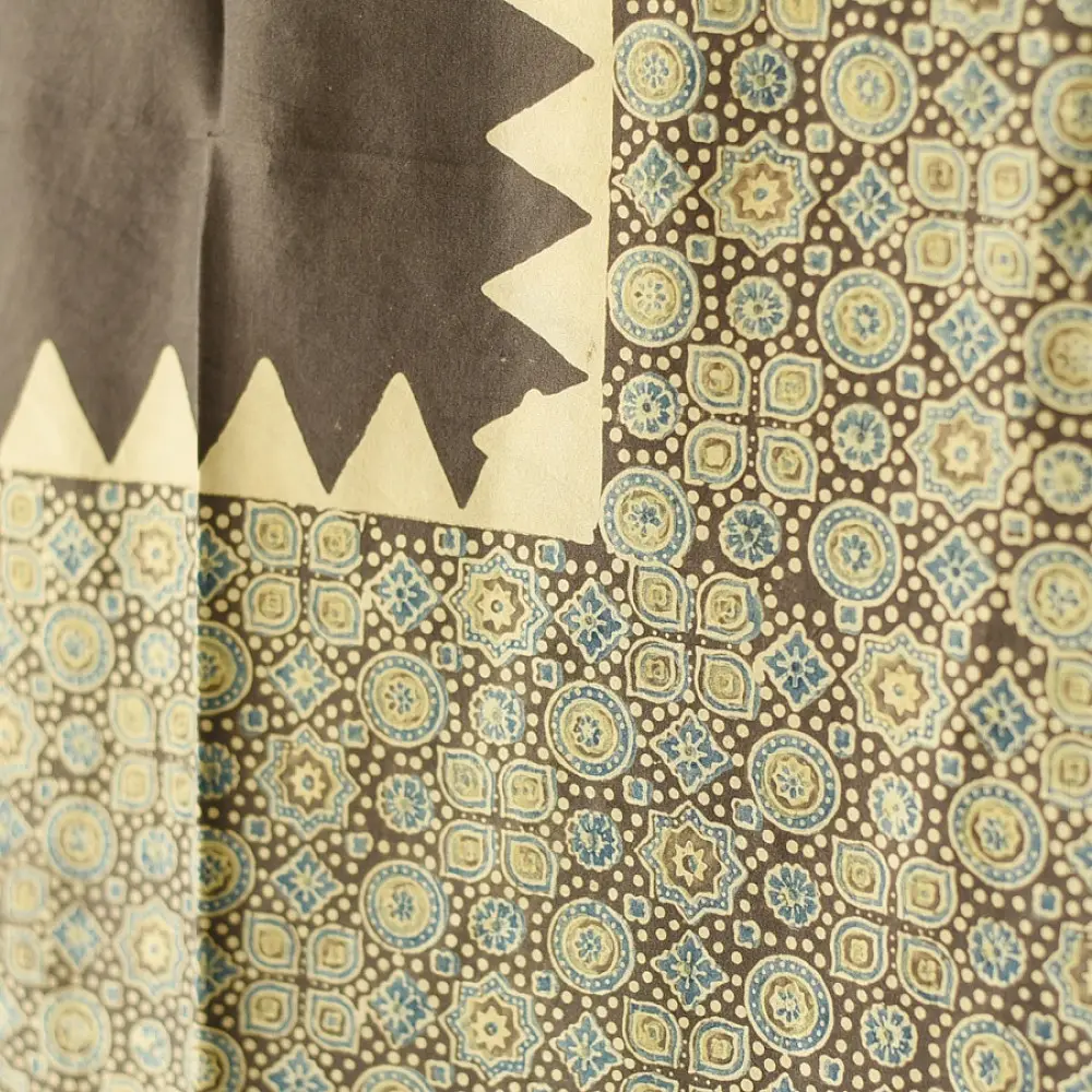 mulberry silk ajrakh dupatta chocolate brown olive blue interlocking geometric floral jaal block print cream sawtooth triangle border hand block printed natural dyed silk dupatta