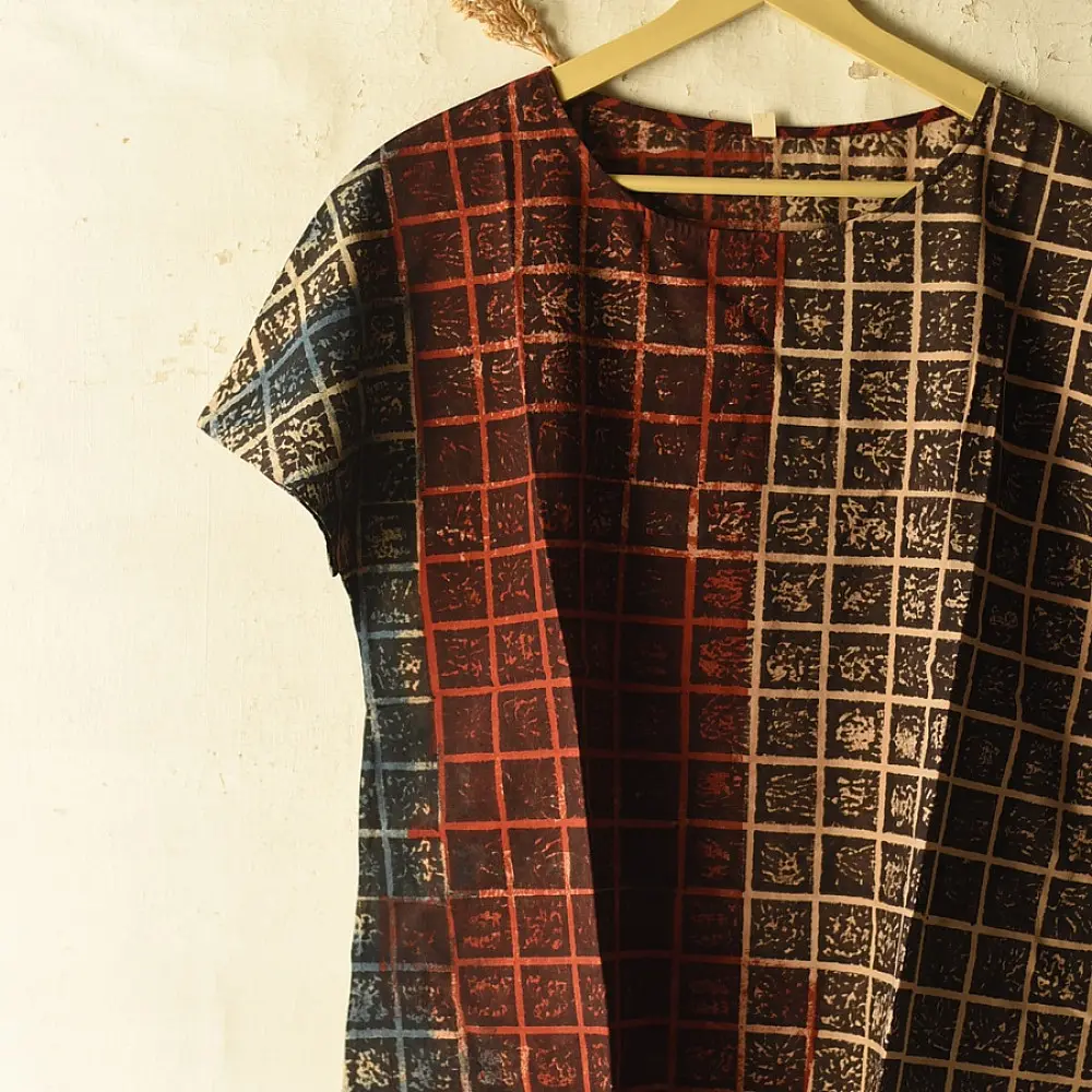 madder red indigo blue charcoal ajrakh cotton top vertical geometric grid block print hand block printed boxy fit artisanal blouse women sustainable fashion natural dyed