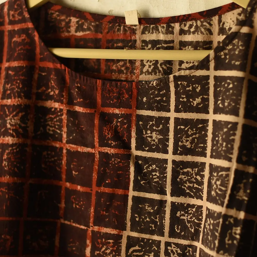 madder red indigo blue charcoal ajrakh cotton top vertical geometric grid block print hand block printed boxy fit artisanal blouse women sustainable fashion natural dyed