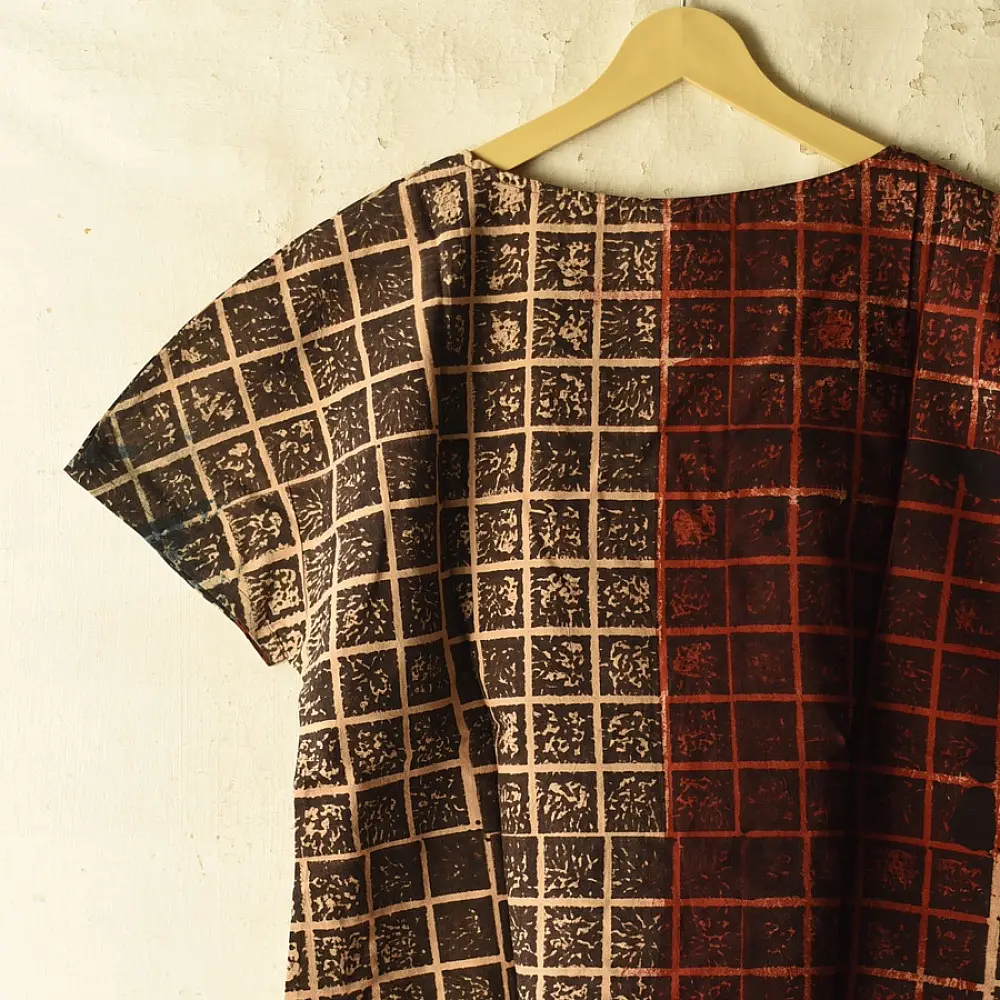 madder red indigo blue charcoal ajrakh cotton top vertical geometric grid block print hand block printed boxy fit artisanal blouse women sustainable fashion natural dyed