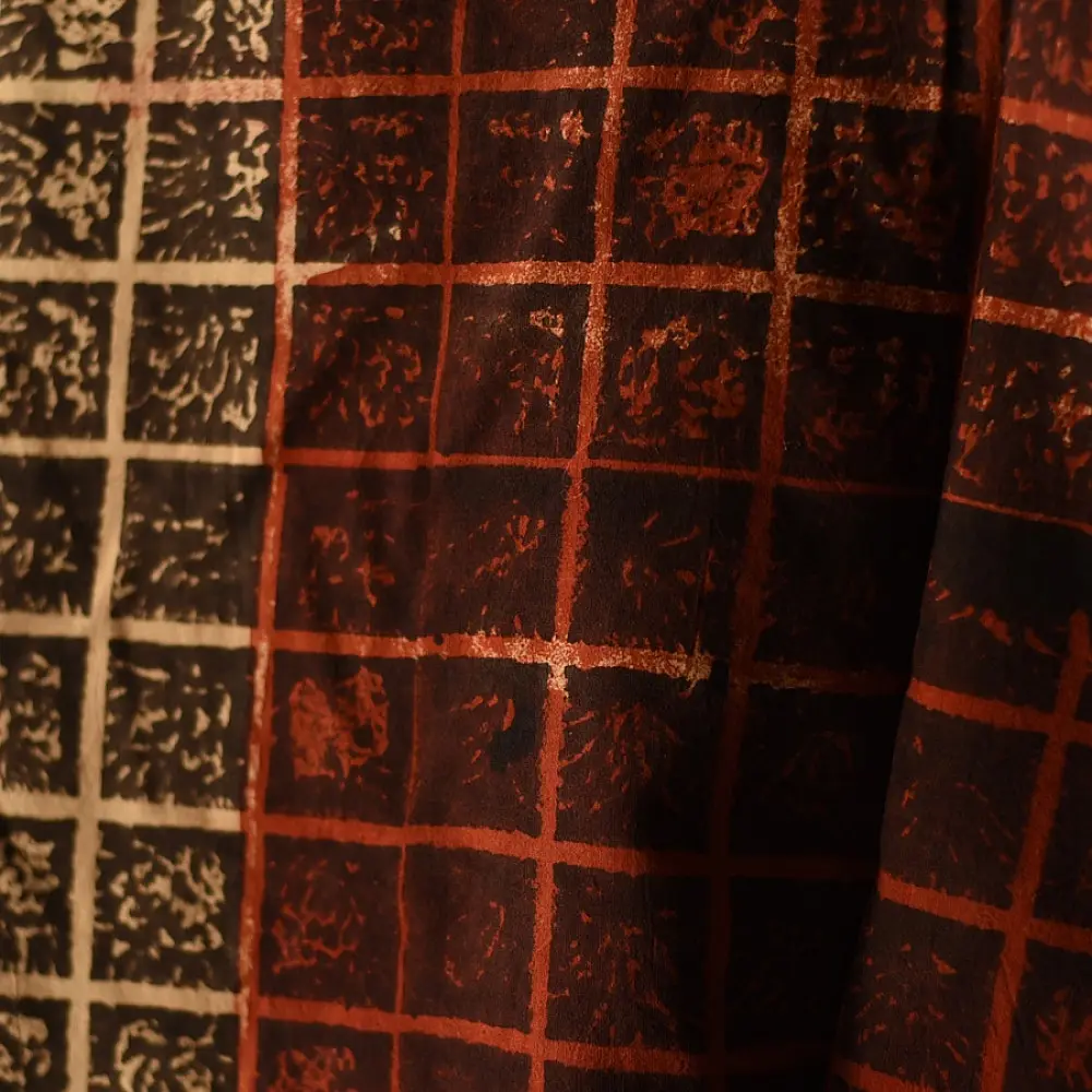 madder red indigo blue charcoal ajrakh cotton top vertical geometric grid block print hand block printed boxy fit artisanal blouse women sustainable fashion natural dyed