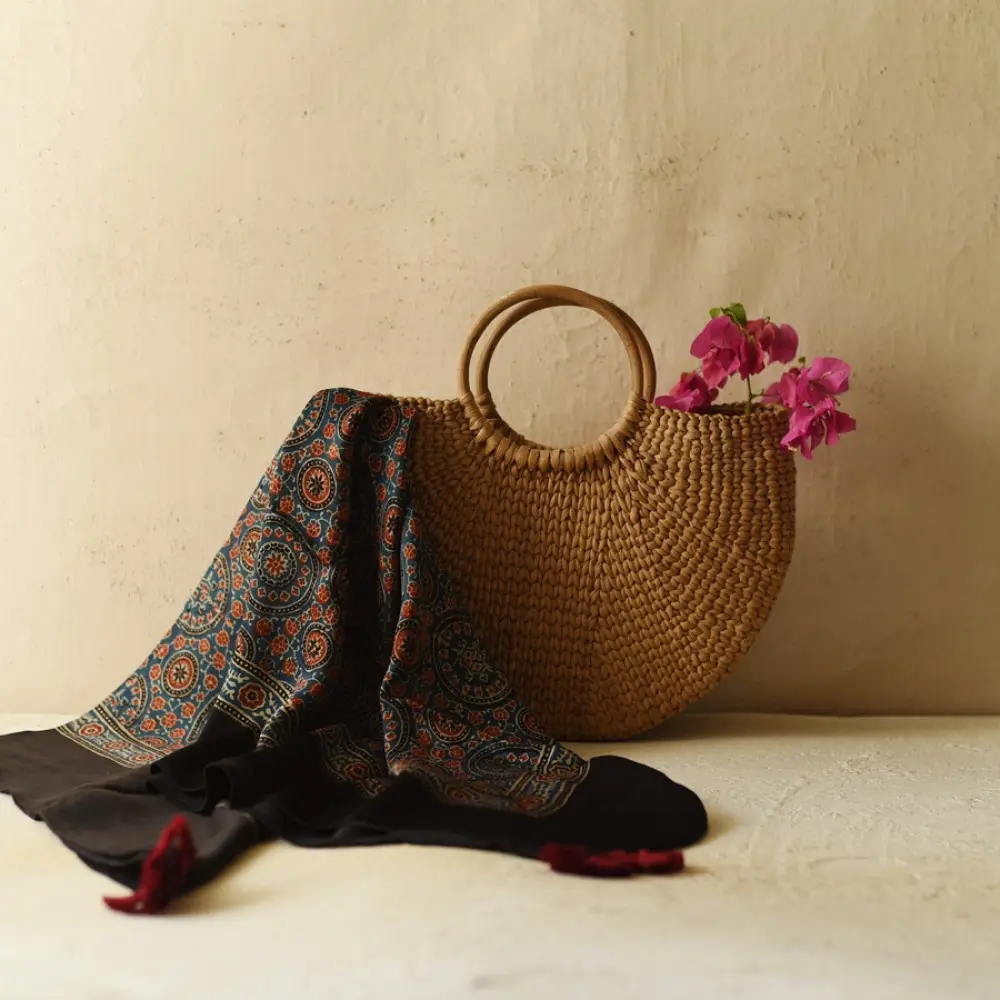 indigo ajrakh silk square scarf circular medallion pattern hand block printed rust geometric natural dyed scarf