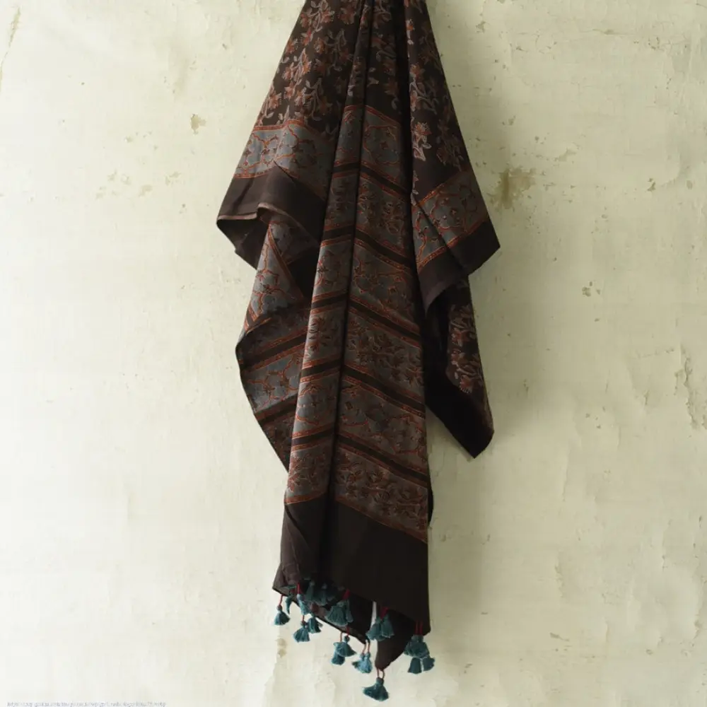 Ajrakh printed cotton dupatta with intricate hand carved block patterns