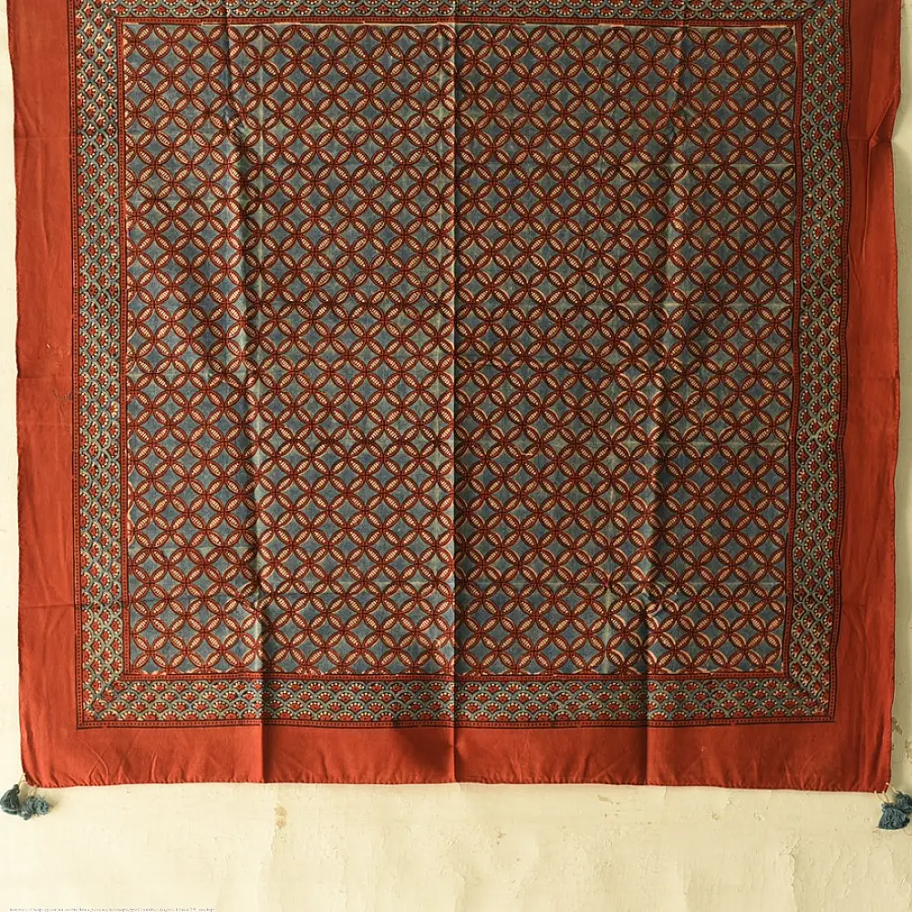 red ajrakh cotton square scarf indigo blue black geometric trellis block print hand block printed natural dyed scarf tassels