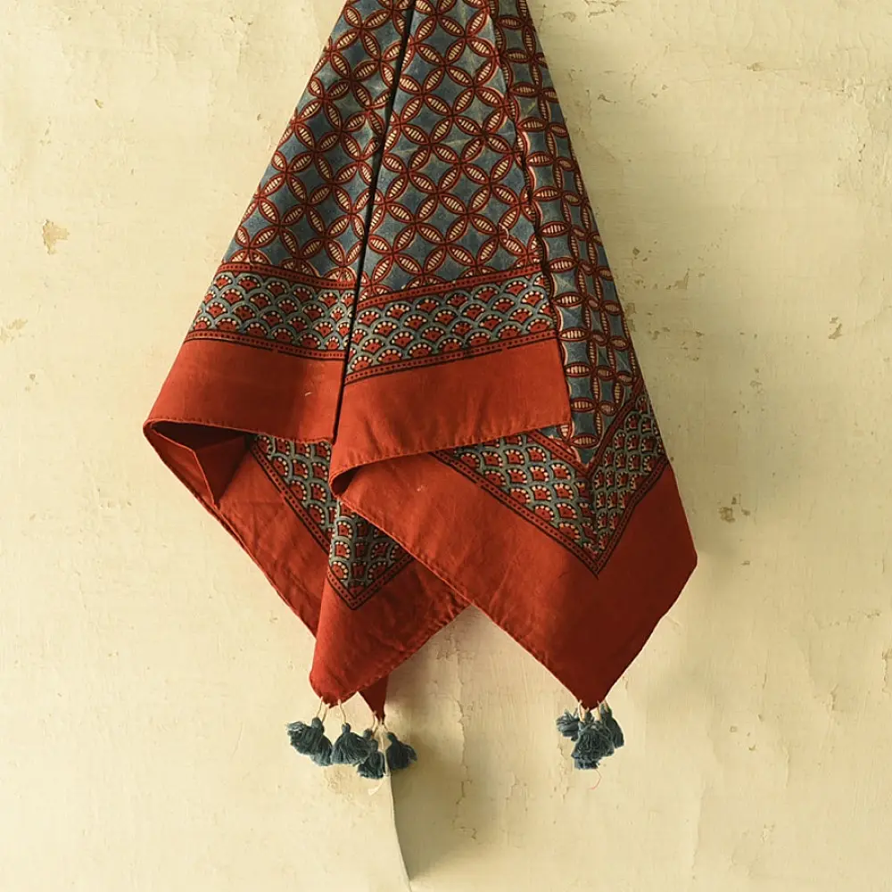 red ajrakh cotton square scarf indigo blue black geometric trellis block print hand block printed natural dyed scarf tassels