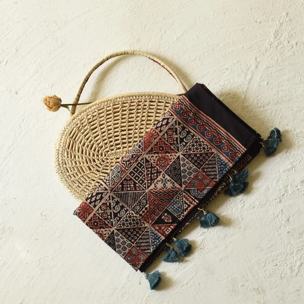 indigo blue madder red ajrakh cotton stole hand block printed geometric patchwork body ornate floral vine mandala border traditional artisanal scarf sustainable fashion natural dyed with tassels