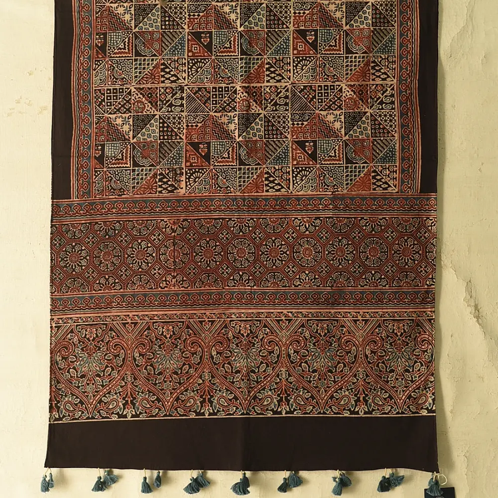 indigo blue madder red ajrakh cotton stole hand block printed geometric patchwork body ornate floral vine mandala border traditional artisanal scarf sustainable fashion natural dyed with tassels