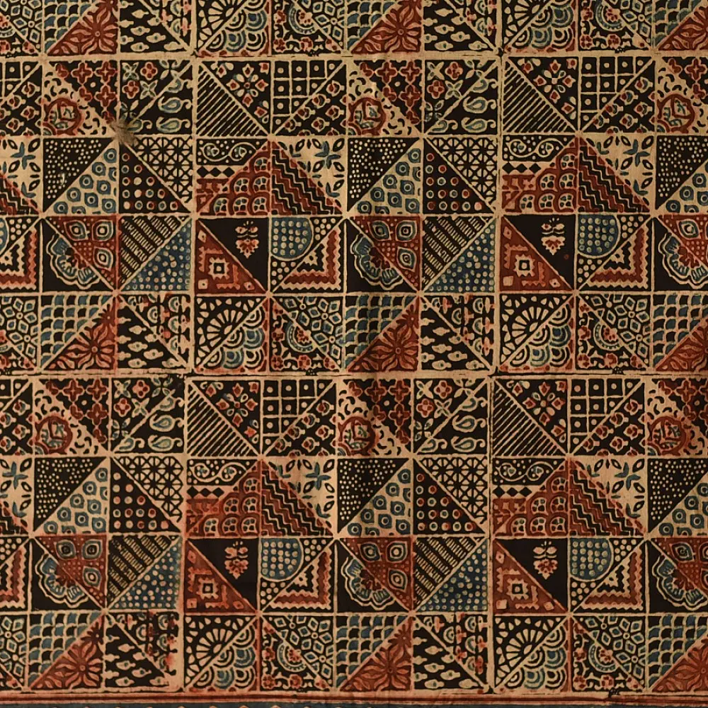 indigo blue madder red ajrakh cotton stole hand block printed geometric patchwork body ornate floral vine mandala border traditional artisanal scarf sustainable fashion natural dyed with tassels