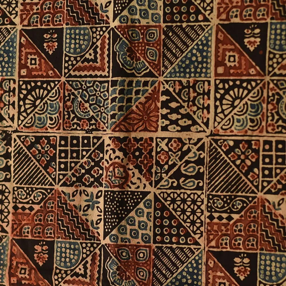 indigo blue madder red ajrakh cotton stole hand block printed geometric patchwork body ornate floral vine mandala border traditional artisanal scarf sustainable fashion natural dyed with tassels