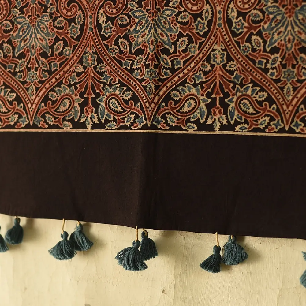 indigo blue madder red ajrakh cotton stole hand block printed geometric patchwork body ornate floral vine mandala border traditional artisanal scarf sustainable fashion natural dyed with tassels