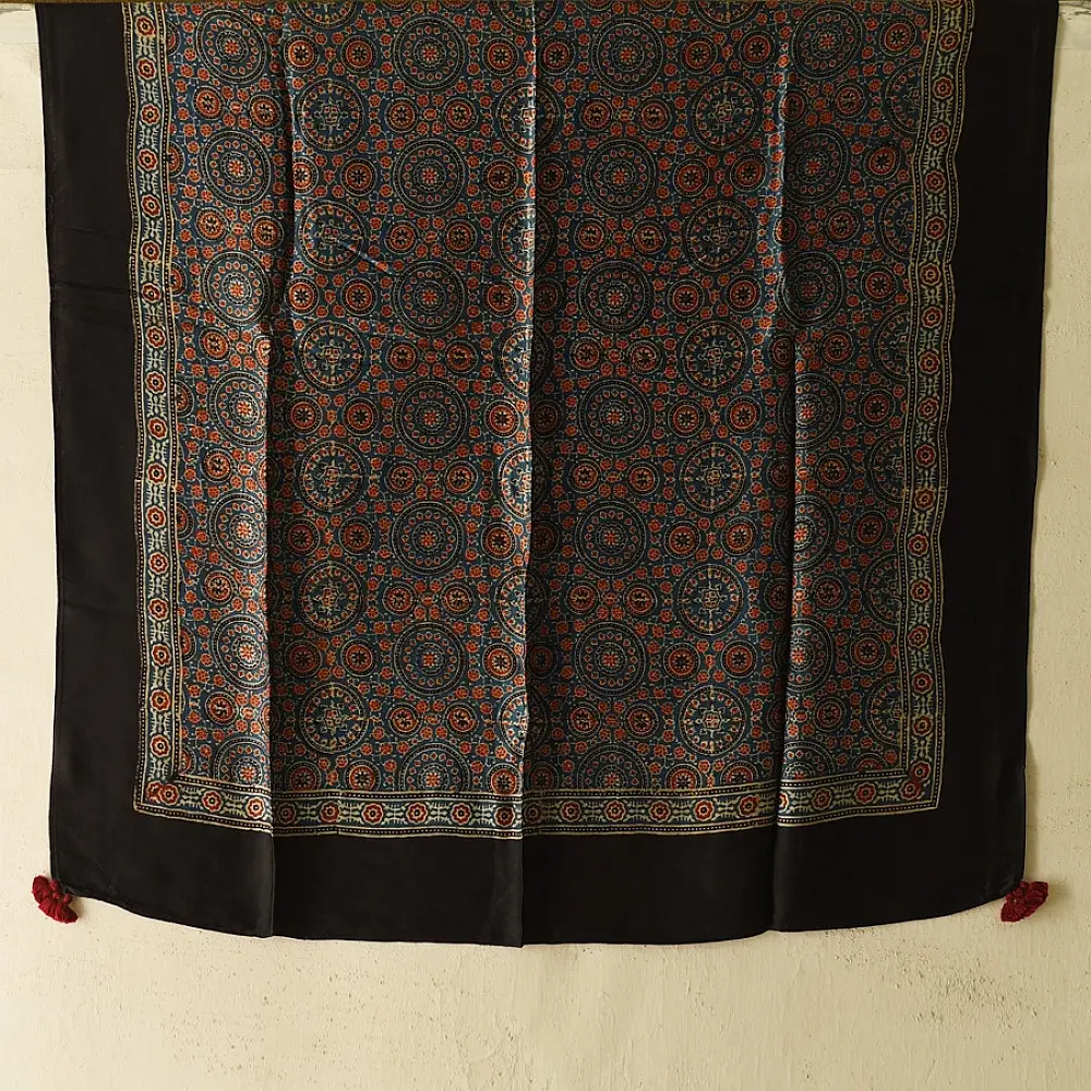 indigo ajrakh silk square scarf circular medallion pattern hand block printed rust geometric natural dyed scarf
