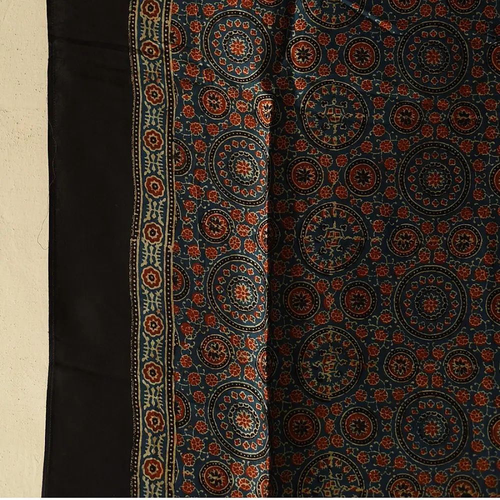indigo ajrakh silk square scarf circular medallion pattern hand block printed rust geometric natural dyed scarf
