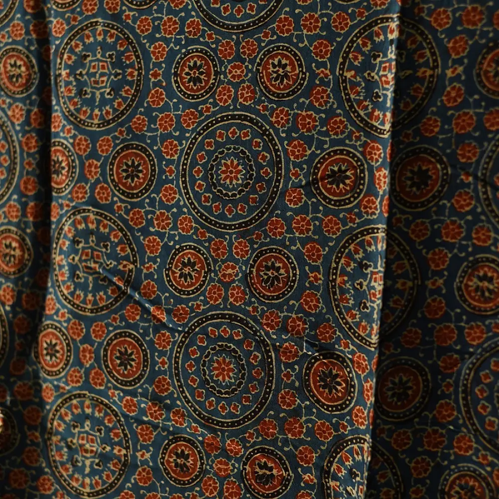 indigo ajrakh silk square scarf circular medallion pattern hand block printed rust geometric natural dyed scarf