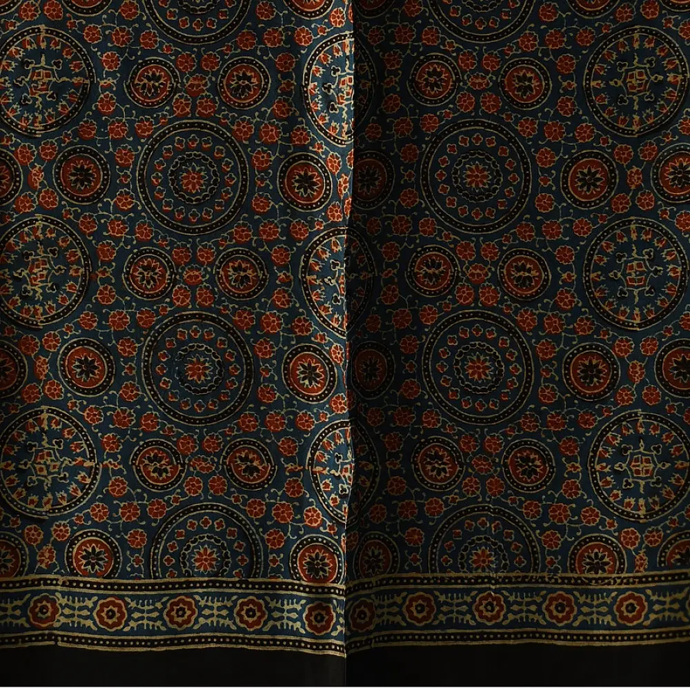 indigo ajrakh silk square scarf circular medallion pattern hand block printed rust geometric natural dyed scarf