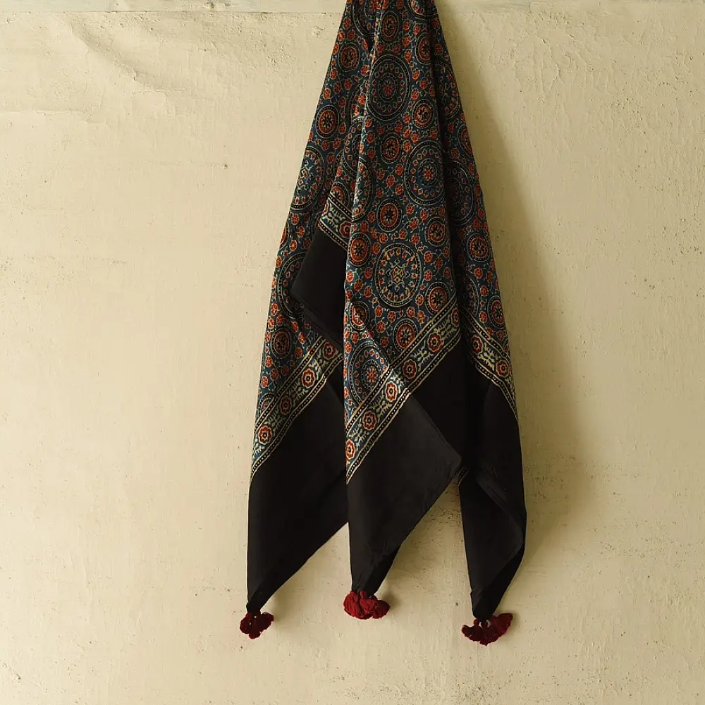 indigo ajrakh silk square scarf circular medallion pattern hand block printed rust geometric natural dyed scarf